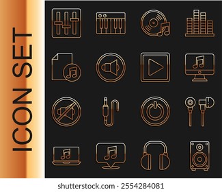 Set line Stereo speaker, Air headphones, Computer with music note, Vinyl disk, Speaker volume, Music book, Sound mixer controller and Play square icon. Vector