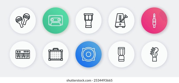 Set line Stereo speaker, Audio jack, Music synthesizer, African djembe drum, Metronome with pendulum, percussion, Guitar neck and amplifier icon. Vector