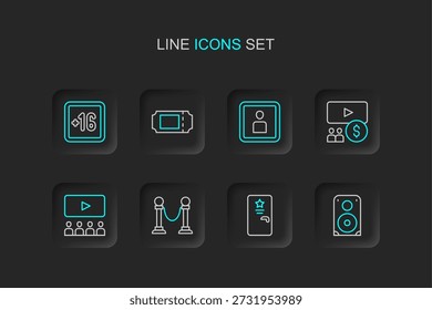 Set line Stereo-Lautsprecher, Backstage, Seilbarriere, Kino Auditorium mit Bildschirm, Play Video, Ticket und Plus 16 Film-Symbol. Vektorgrafik