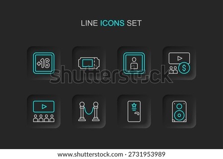 Set line Stereo speaker, Backstage, Rope barrier, Cinema auditorium with screen, Play Video, ticket and Plus 16 movie icon. Vector
