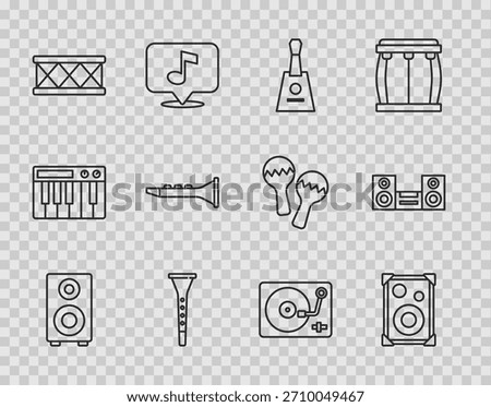 Set line Stereo speaker, Balalaika, Clarinet, Drum, Vinyl player with vinyl disk and Home stereo icon. Vector