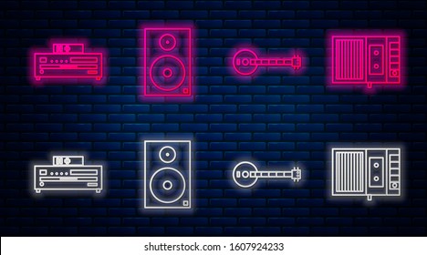 Set line Stereo speaker, Banjo, Music CD player and Music tape player. Glowing neon icon on brick wall. Vector