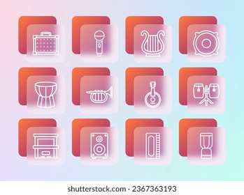 Set line Stereo speaker, Banjo, Harmonica, Trumpet, Ancient Greek lyre, Guitar amplifier and Microphone icon. Vector