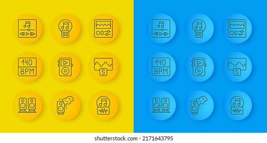 Set line Stereo speaker, Bitrate, Music player, note, tone, wave equalizer, Drum machine and Pause button icon. Vector