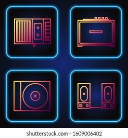 Set line Stereo speaker, CD or DVD disk, Music tape player and Guitar amplifier. Gradient color icons. Vector