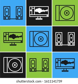 Set line Stereo speaker, CD or DVD disk and Sound or audio recorder on monitor icon. Vector