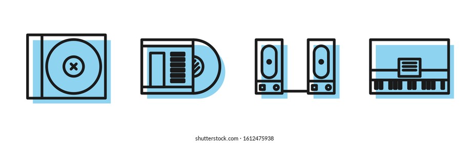 Set line Stereo speaker, CD or DVD disk, Vinyl disk and Piano icon. Vector