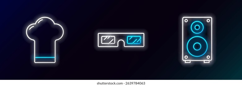 Set line Stereo speaker, Chef hat and 3D cinema glasses icon. Glowing neon. Vector