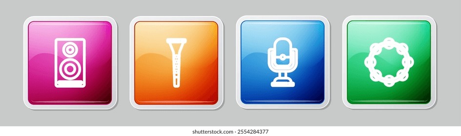 Set line Stereo speaker, Clarinet, Microphone and Tambourine. Colorful square button. Vector