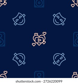 Set line Stereo speaker, Comedy theatrical mask and Romantic movie on seamless pattern. Vector