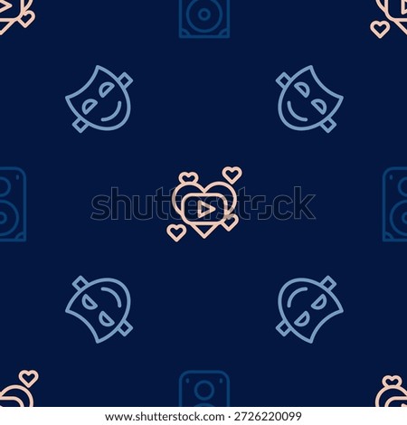 Set line Stereo speaker, Comedy theatrical mask and Romantic movie on seamless pattern. Vector