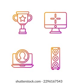 Set line Stereo speaker, Create account screen, Award cup and Computer monitor. Gradient color icons. Vector