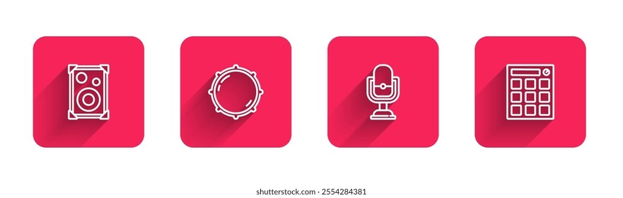 Set line Stereo speaker, Dial knob level, Microphone and Drum machine with long shadow. Red square button. Vector