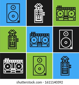 Set line Stereo speaker, DJ remote for playing and mixing music and Microphone icon. Vector
