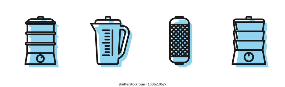 Set line Stereo speaker , Double boiler , Measuring cup and Double boiler  icon. Vector