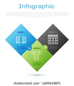 Set line Stereo speaker, Drum with drum sticks and Air headphones. Business infographic template. Vector