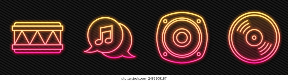 Set line Stereo speaker, Drum, Musical note in speech bubble and Vinyl disk. Glowing neon icon. Vector