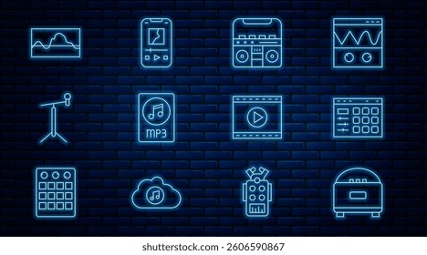 Set line Stereo speaker, Drum machine, Home stereo with speakers, MP3 file document, Microphone stand, Music wave equalizer, Online play video and player icon. Vector