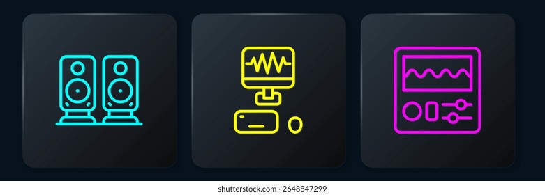 Set line Stereo speaker, Drum machine and Music recording studio. Black square button. Vector