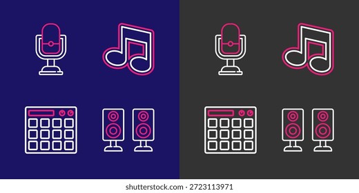 Altavoz estéreo de la línea del sistema, máquina del tambor, nota de la música, tono e icono del micrófono. Vector