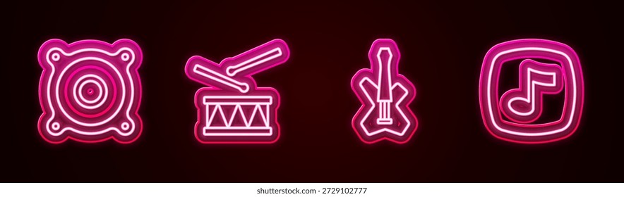 Set line Stereo speaker, Drum with drum sticks, Electric bass guitar and Music note, tone. Glowing neon icon. Vector