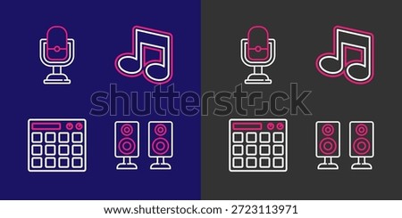 Set line Stereo speaker, Drum machine, Music note, tone and Microphone icon. Vector