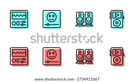 Set line Stereo speaker, Drum machine, Music player and  icon. Vector