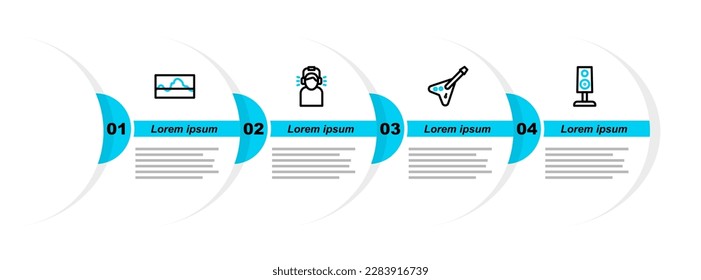 Set line Stereo speaker, Electric bass guitar, Man in headphones and Music wave equalizer icon. Vector