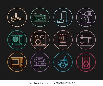 Set line Stereo speaker, Electric mixer, Vacuum cleaner, Gas stove, Air conditioner, Angle grinder, Refrigerator and Radio icon. Vector