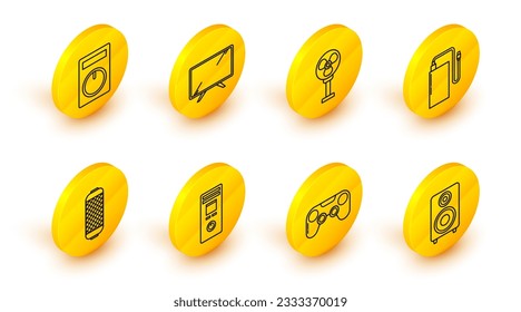 Fijar línea altavoz estéreo, Gamepad, mando a distancia, banco de energía con cable de carga diferente, ventilador eléctrico, Tv inteligente e icono. Vector