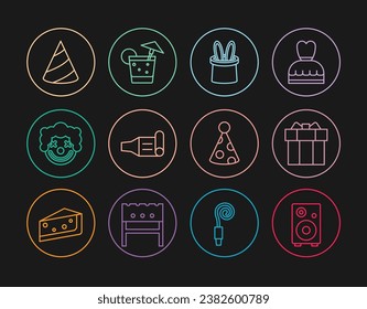 Set line Stereo speaker, Gift box, Magician hat and rabbit ears, Birthday party horn, Clown head, Party,  and Cocktail icon. Vector