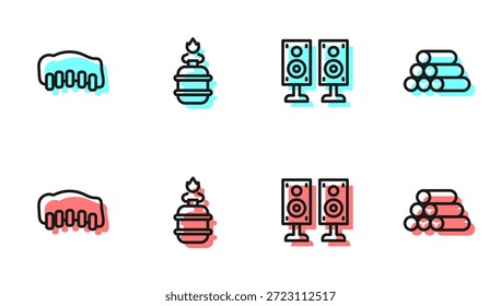 Altavoz estéreo, costillas de barbacoa de cerdo a la parrilla, estufa de gas para acampar e icono de troncos de madera. Vector