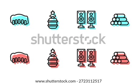 Set line Stereo speaker, Grilled pork bbq ribs, Camping gas stove and Wooden logs icon. Vector