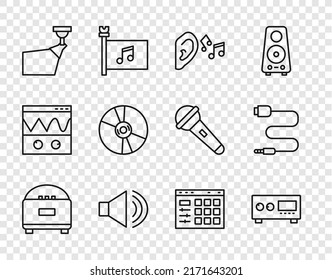 Set line Stereo speaker, Guitar amplifier, Ear listen sound signal, Speaker volume, Movie spotlight, CD or DVD disk, Drum machine and Audio jack icon. Vector