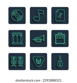 Set line Stereo speaker, Guitar pick, Music book with note, Trumpet, Drum, Vinyl disk and amplifier icon. Vector