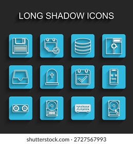 Set line Stereo speaker, Hard disk drive HDD, Floppy, Retro flip clock, Tombstone with cross, Dead mobile and Calendar check mark icon. Vector
