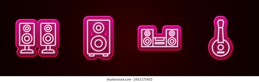 Set line Stereo speaker, , Home stereo and Banjo. Glowing neon icon. Vector