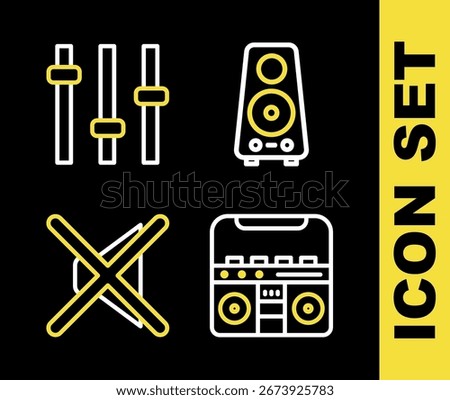 Set line Stereo speaker, Home stereo with speakers, Speaker mute and Music equalizer icon. Vector