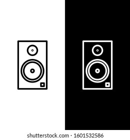 Set line Stereo speaker icon isolated on black and white background. Sound system speakers. Music icon. Musical column speaker bass equipment.  Vector Illustration