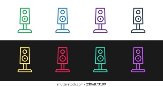 Ajuste la línea Icono del altavoz estéreo aislado en fondo blanco y negro. Altavoces del sistema de sonido. Icono de música. Equipo de bajos de altavoces de columna musical.  Vector