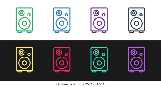 Icono del altavoz estéreo de la línea del sistema aislado en el fondo blanco y negro. Altavoces del sistema de sonido. Icono de música. Equipo de bajos de altavoces de columna musical.  Vector