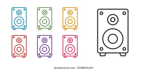 Icono del altavoz estéreo de la línea del sistema aislado en el fondo blanco. Altavoces del sistema de sonido. Icono de música. Equipo de bajos de altavoces de columna musical. Establecer iconos coloridos. Vector