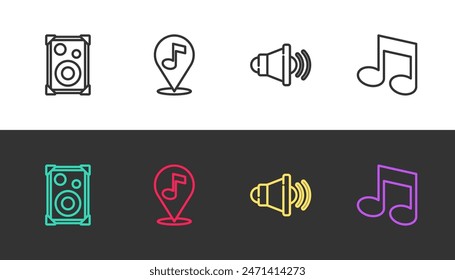 Set line Stereo speaker, Location musical note, Speaker volume and Music tone on black and white. Vector
