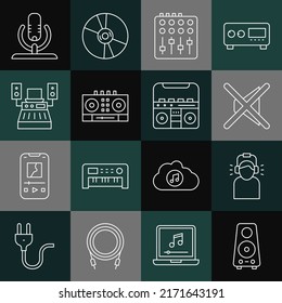 Set line Stereo speaker, Man in headphones, Speaker mute, Sound mixer controller, DJ remote and mixing music, Music recording studio, Microphone and Home stereo with speakers icon. Vector