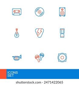 Set line Stereo speaker, Maracas, Trumpet, African djembe drum, Guitar, pick,  and Vinyl disk icon. Vector