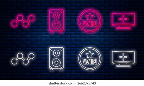 Set line Stereo Lautsprecher, Medal, Share und Computer Monitor. Leuchtendes Neonsymbol an der Ziegelwand. Vektorillustration