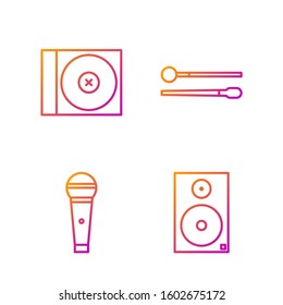 Set line Stereo speaker, Microphone, CD or DVD disk and Drum sticks. Gradient color icons. Vector