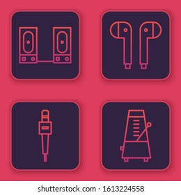 Set line Stereo speaker, Microphone, Air headphones and Metronome with pendulum in motion. Blue square button. Vector