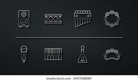 Fijar línea Altavoz estéreo, micrófono, pandereta, balalaika, piano de cola, tambor e icono de flauta Pan. Vector