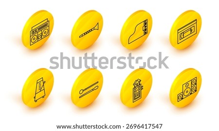 Set line Stereo speaker, Microphone, Drum sticks, Metronome with pendulum in motion, VHS video cassette tape, Grand piano, Clarinet and Home stereo two speakers icon. Vector